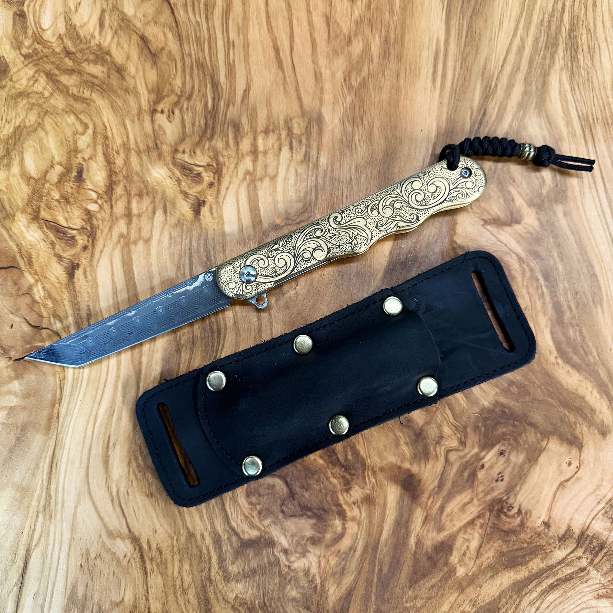 Doubloon F1 Folder - Solid Brass & Damascus (HORIZONTAL SHEATH