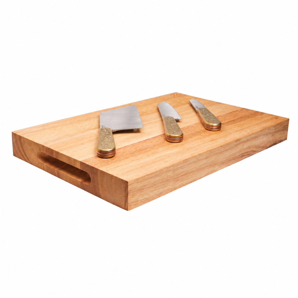 Doubloon knife set on plain cutting board
