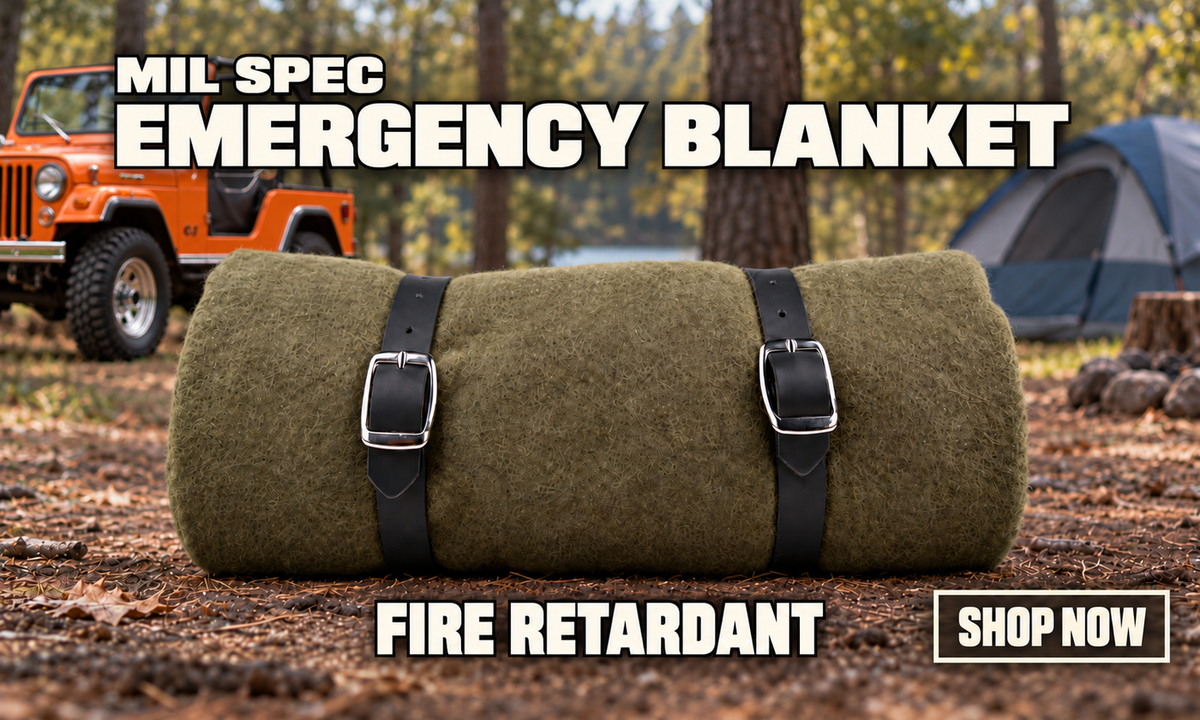 MIL SPEC EMERGENCY BLANKET with FIRE RETARDANT caption, rolled olive blanket, orange Jeep campsite and Shop Now button