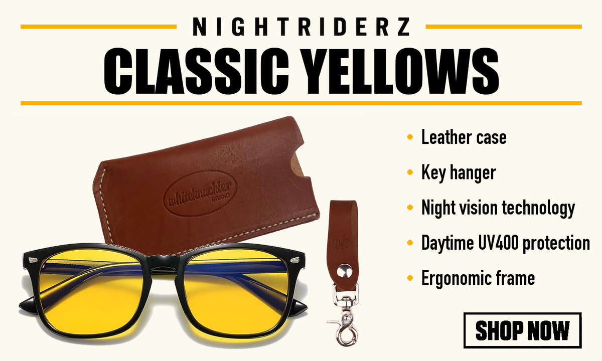 NIGHTRIDERZ Classic Yellows glasses, leather case and key hanger with five product features and Shop Now button