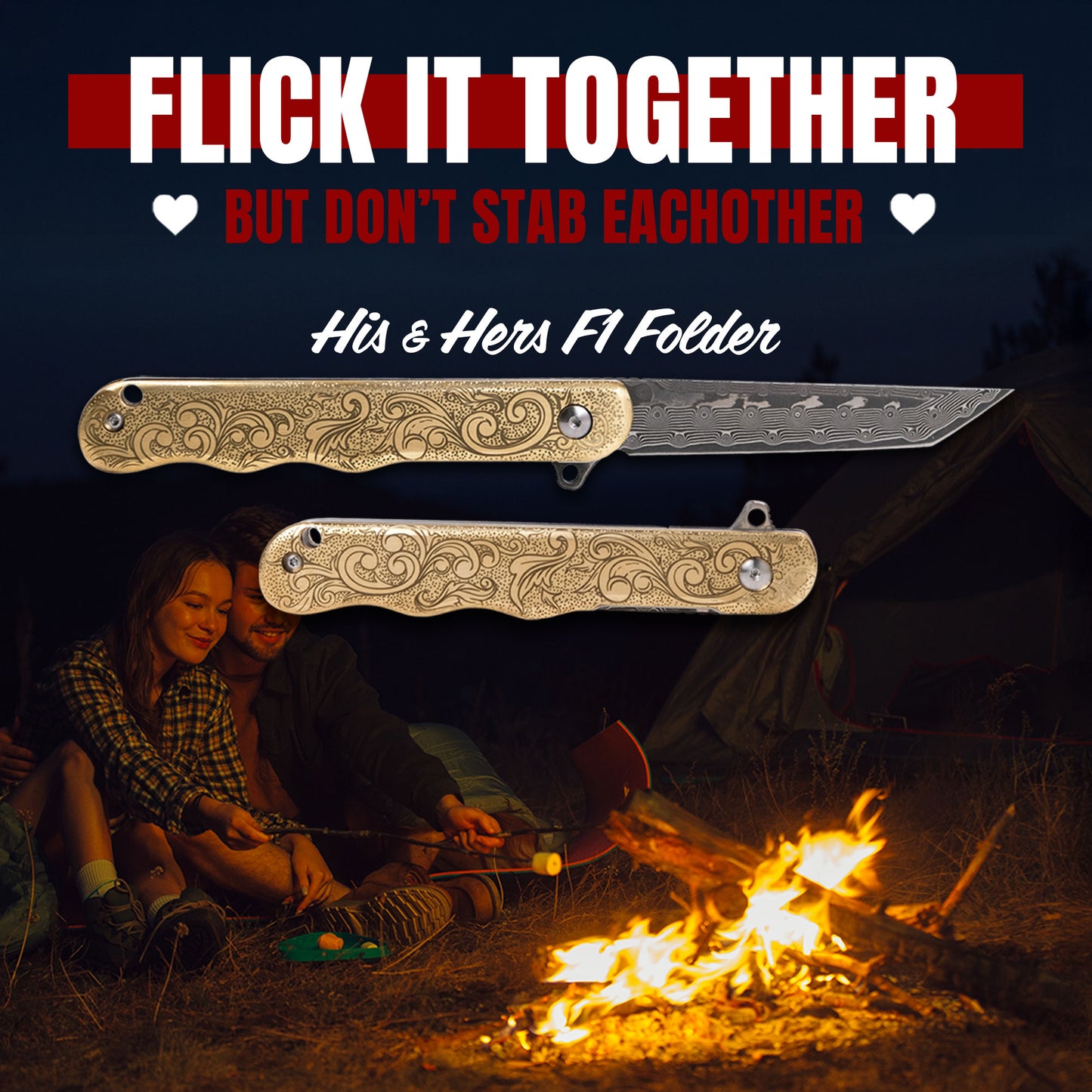 HIS & HERS Doubloon F1 Folder - Solid Brass & Damascus x2