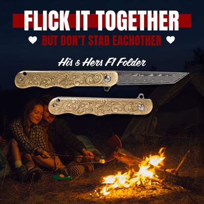 HIS & HERS Doubloon F1 Folder - Solid Brass & Damascus x2